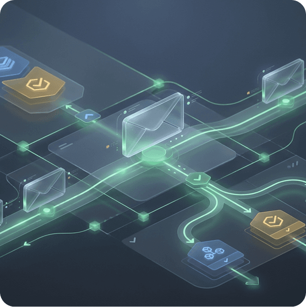 Diagrama isométrico de correos clasificándose automáticamente entre sistemas