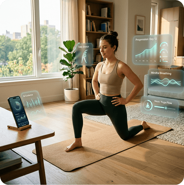 Mujer ejercitándose en casa con una app de salud que muestra recomendaciones de IA