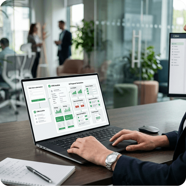 Laptop mostrando la generación automática de propuestas conectada a un CRM