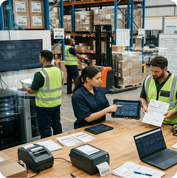 Operarios de almacén revisando datos en tablets conectadas a un sistema central