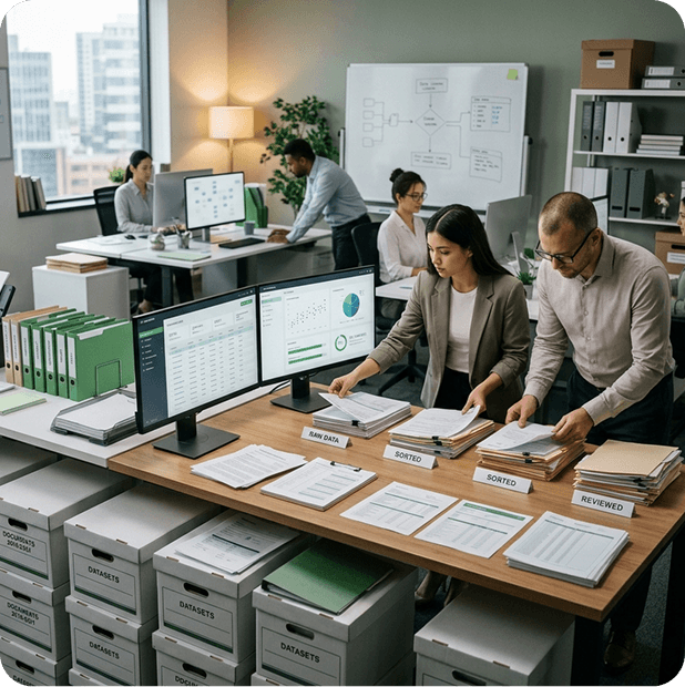 Equipo ordenando documentos en categorías de datos crudos, ordenados y revisados