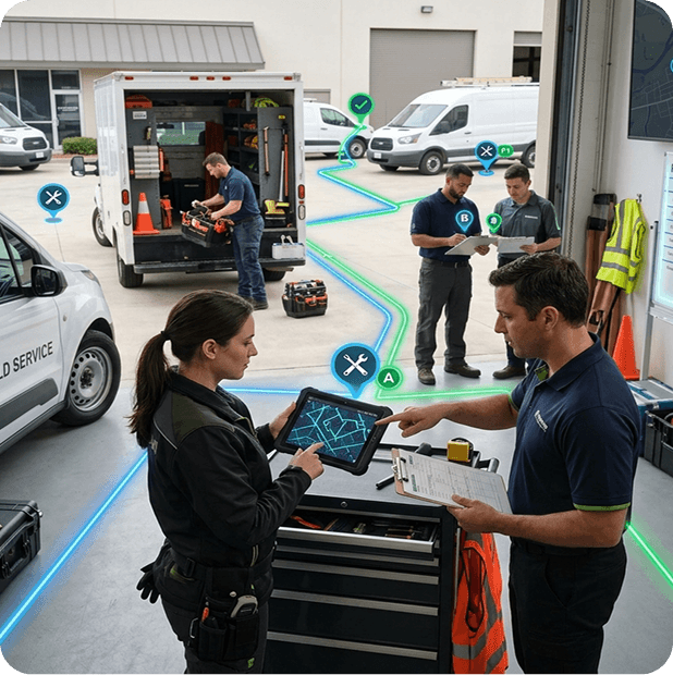 Equipo de servicio de campo coordinando rutas con una tablet en un taller