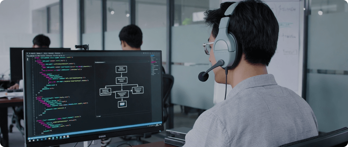 Deskrive developer working on the integration between SAP and an eCommerce system in front of multiple monitors with code