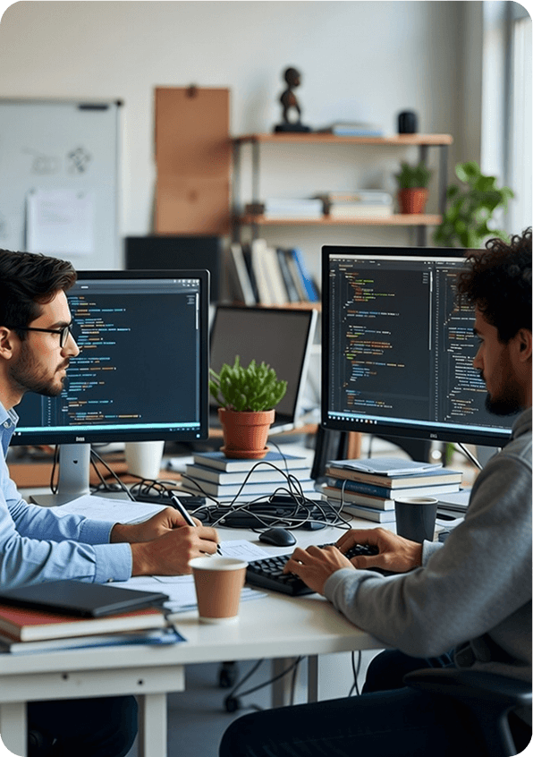 Deskrive development team configuring the integration between SAP and an eCommerce system across several monitors
