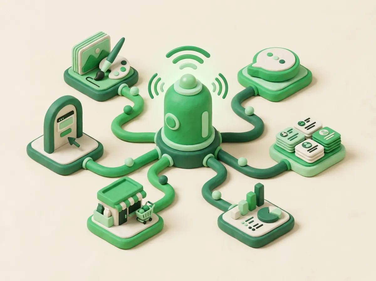 Clay illustration of a path of small nodes starting from a conversation icon and ending in a green flag
