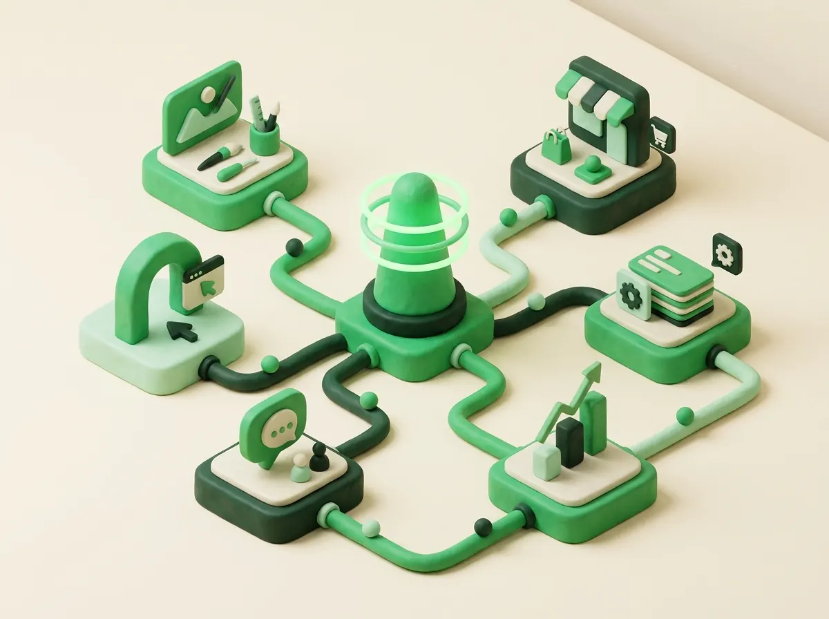 Clay illustration of a connected ecosystem: audiences, creative card, landing page, store, conversation, CRM and chart