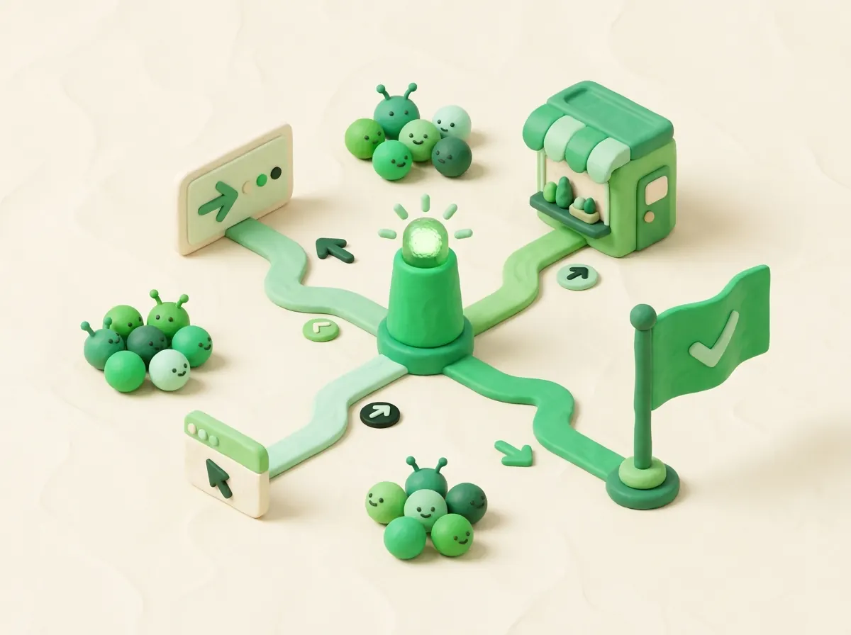 Clay illustration of a brand core sending paths toward node groups, a message card, a store and a flag