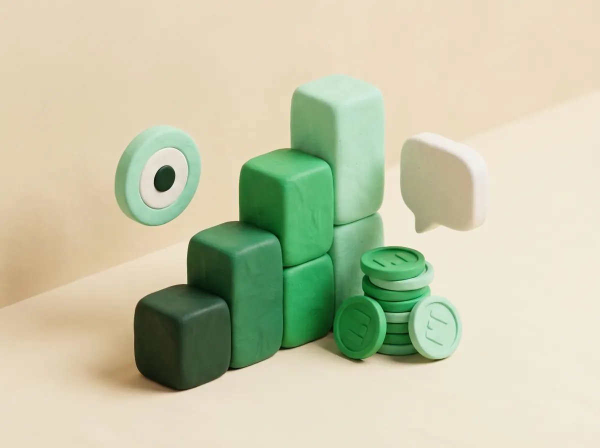 Clay illustration of a rising chart with a target, a message icon and budget tokens