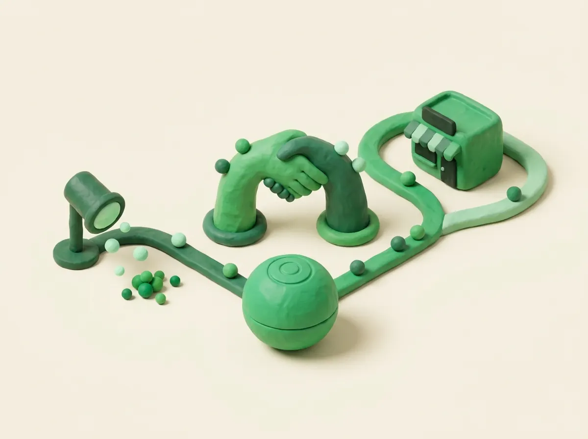 Clay illustration of a central node connected to three islands: discovery, interaction and conversion