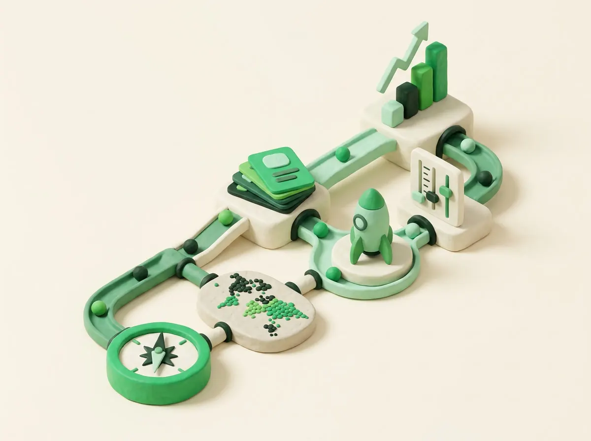 Clay illustration of a six-station path: compass, audience map, creative blocks, rocket, controls and chart