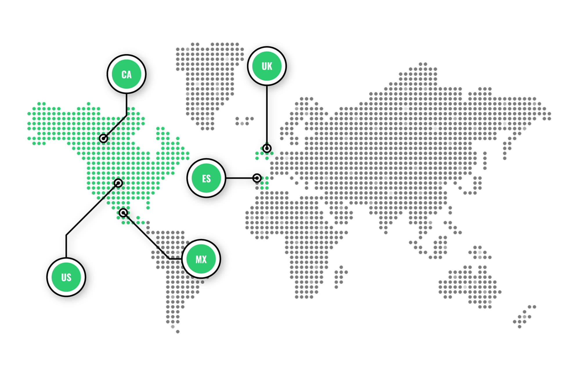 World map highlighting Mexico, the United States, Canada, Spain and the United Kingdom as countries where Deskrive has delivered projects