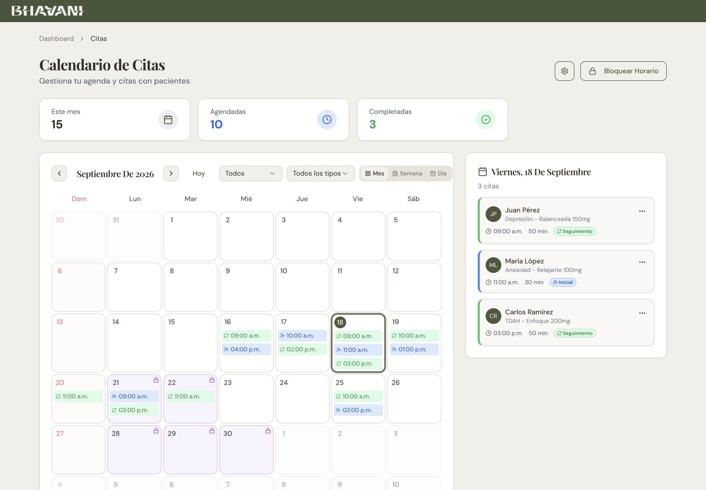 Calendario de demostración de Bhavani con citas y panel de sesiones del día