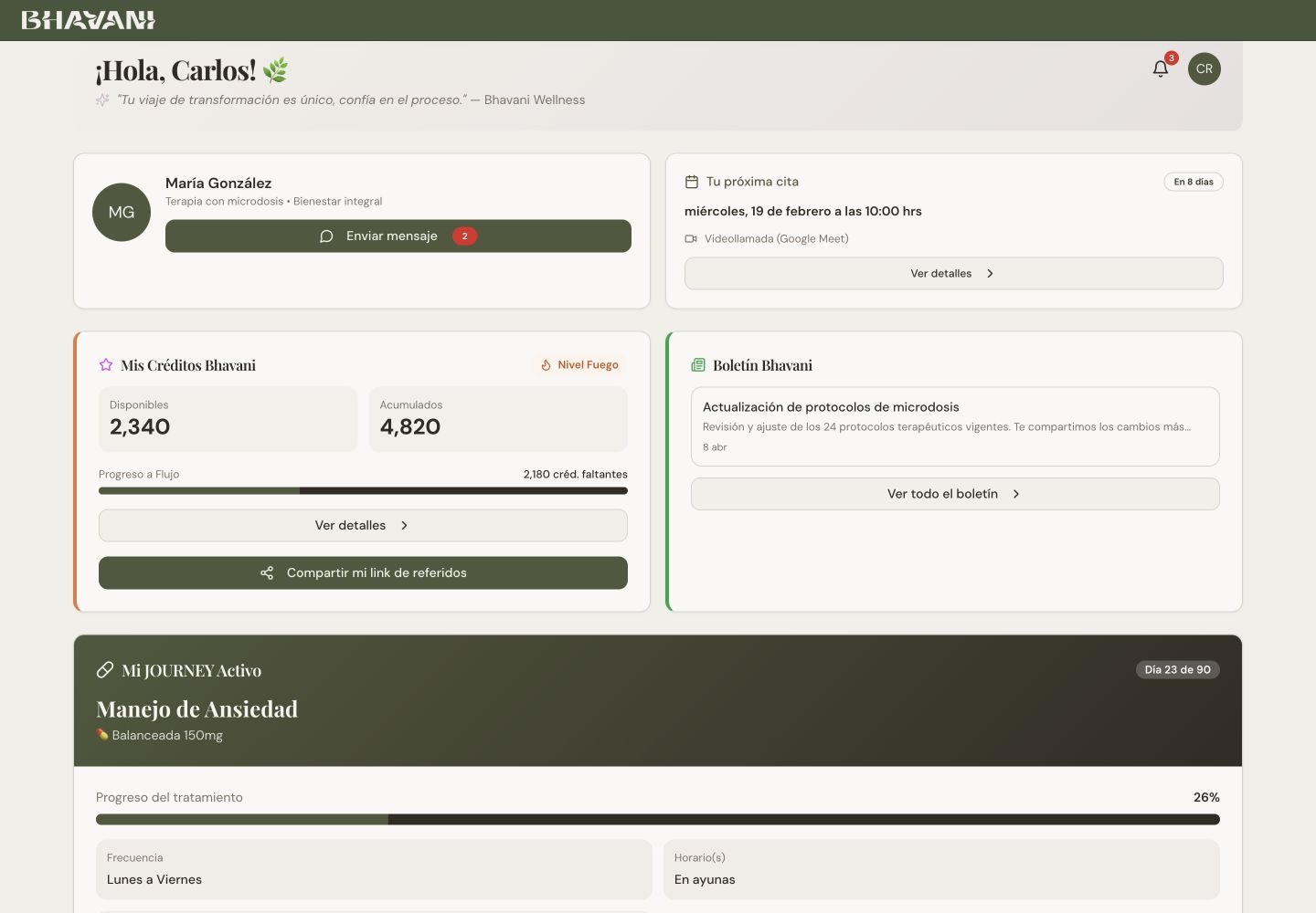 Portal de demostración del cliente con próxima cita, créditos y protocolo activo