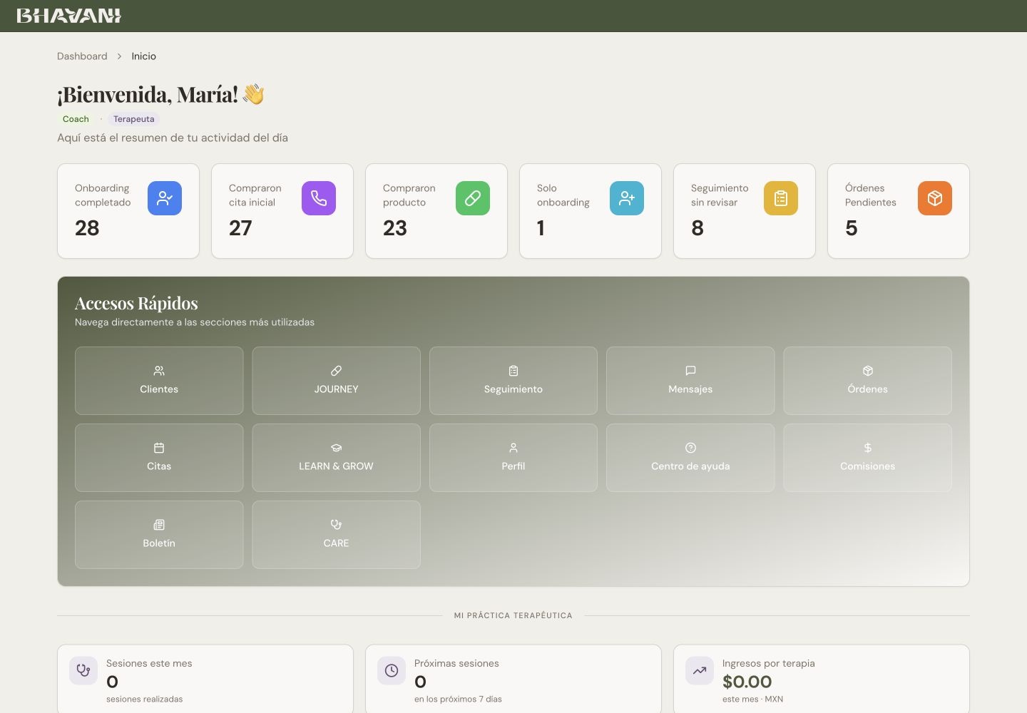 Panel del coach de Bhavani con accesos a clientes, protocolos, seguimiento, agenda y aprendizaje