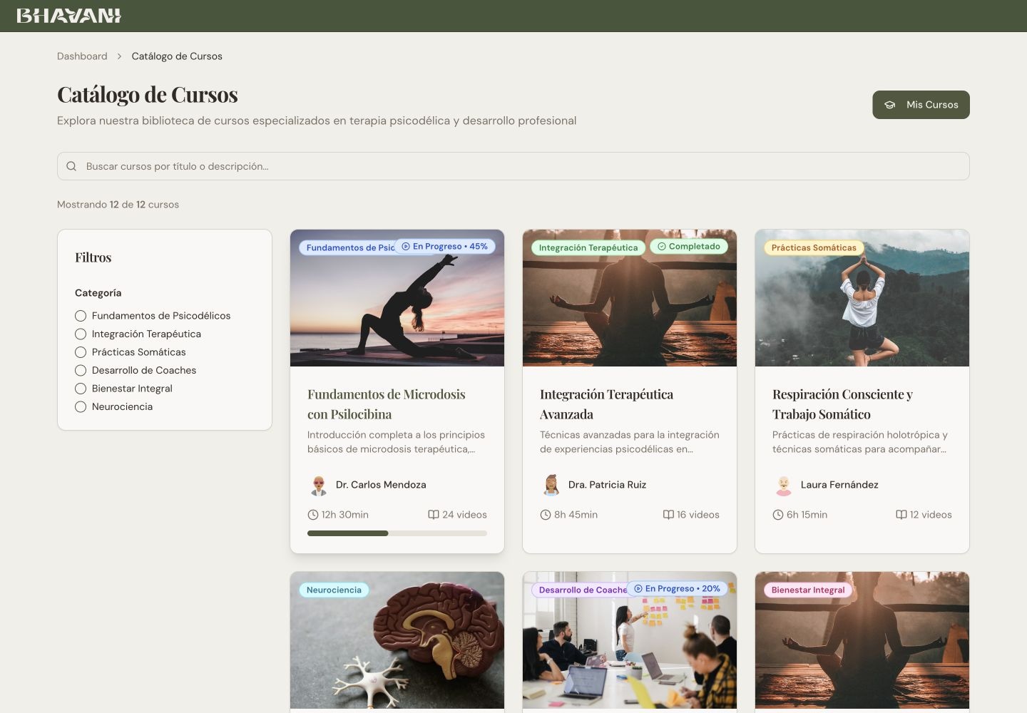Catálogo de cursos de demostración de Bhavani con filtros y tarjetas de aprendizaje