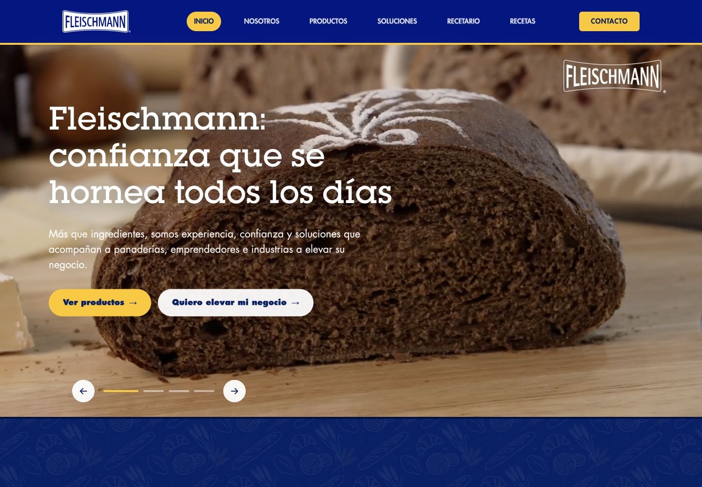 Captura de la portada de Fleischmann México, con su identidad azul y amarilla, imágenes de panificación y acceso a productos.