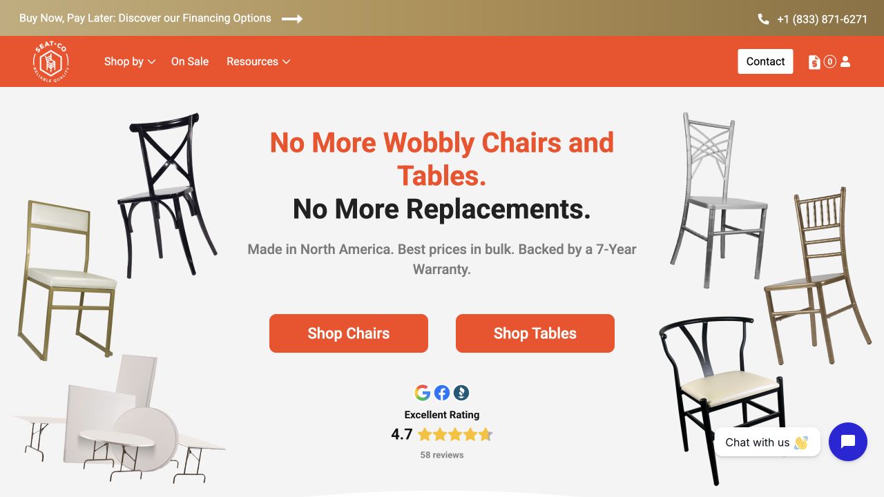 Página de inicio de Seat Co. con su identidad naranja, mobiliario para eventos y accesos al catálogo