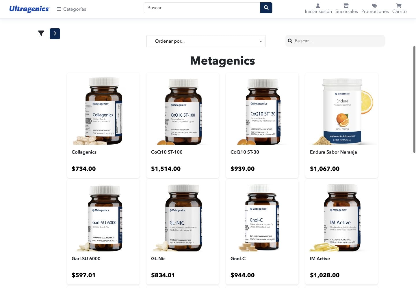 Catálogo de Ultragenics con búsqueda, ordenamiento y una cuadrícula de productos.