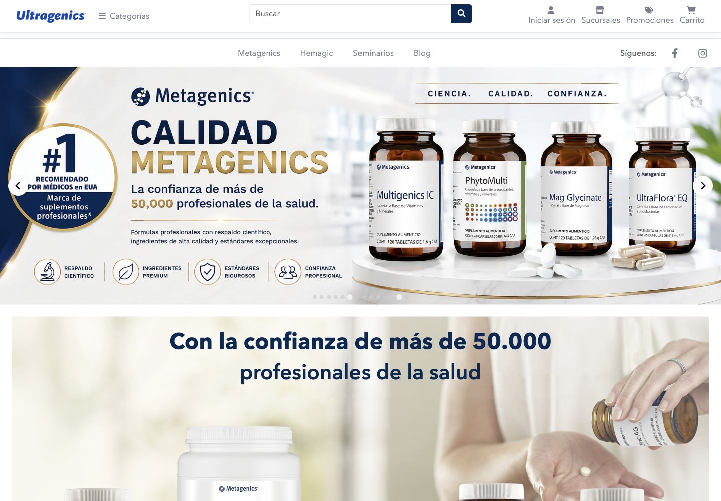Captura de la tienda Ultragenics, con buscador, categorías, acceso a sucursales y productos destacados.