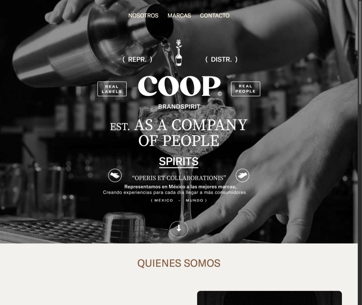 Screenshot of the Coop Spirits website featuring its brand identity and black-and-white cocktail photography