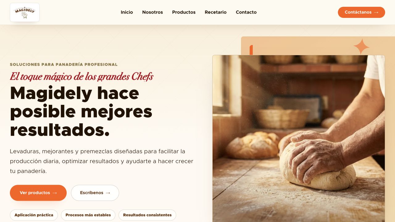 Magidely homepage presenting professional baking solutions and a photograph of bread being made