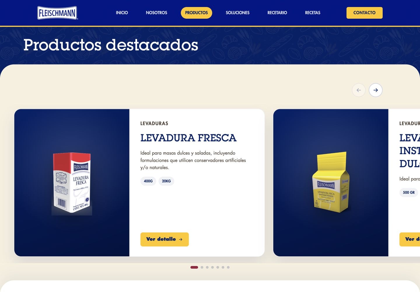 Página de productos Fleischmann, con presentación de levaduras, imágenes, información y enlaces a cada producto.