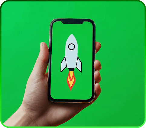 Hand holding a phone with a rocket taking off on screen over a green background