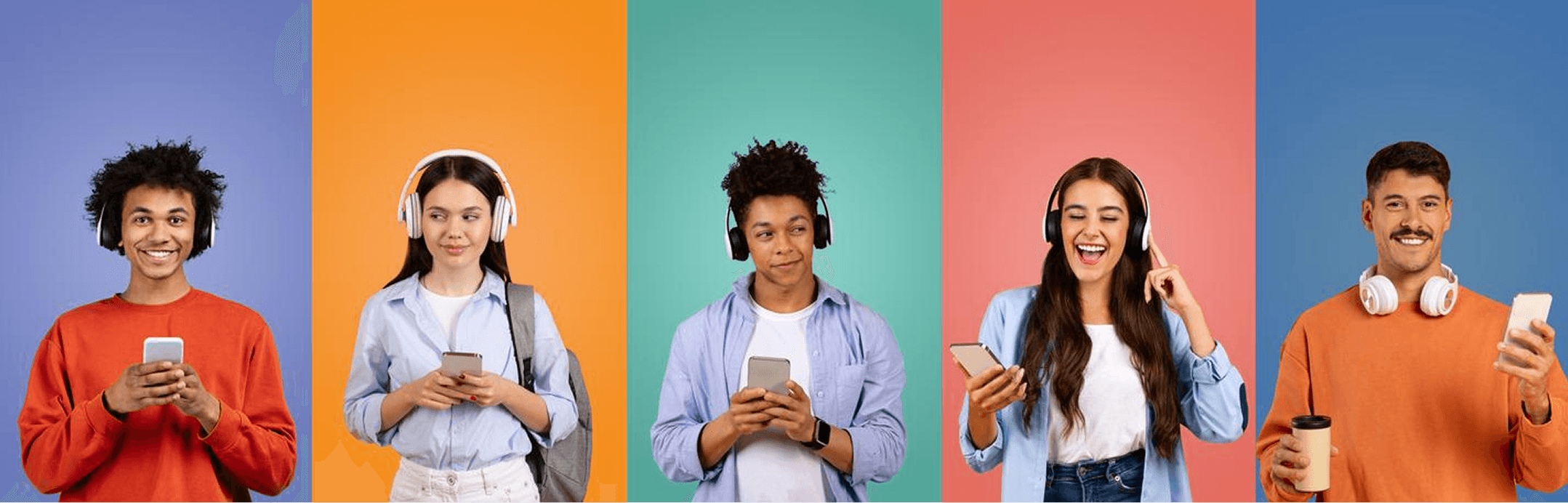 Five diverse users enjoying mobile applications developed by Deskrive Labs over pastel backgrounds